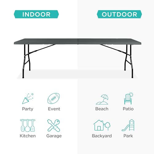 Image of Best Choice Products 8ft Plastic Folding Table, Indoor Outdoor Heavy Duty Portable w /Handle, Lock for Picnic, Party, Pong, Camping - Dark Gray