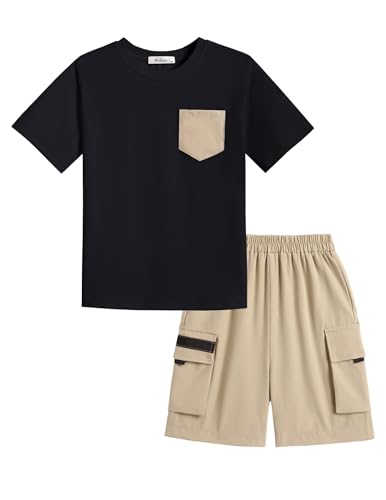 Image of Arshiner Boys' 2-Piece Cotton Outfit Short Sleeve Crewneck T-Shirt & Cargo Shorts Set Summer Casual Clothes for Kids 5-13