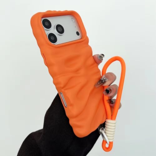 Coque mate orange iPhone 15 Pro à relief froissé et cordon amovible
