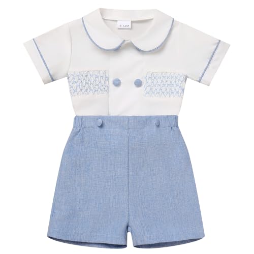 FYMNSI Ropa de bautizo para bebé y niño, con botones, manga corta, camiseta con pantalones cortos, 2 piezas, traje de fiesta de, azul, 2 Jahre