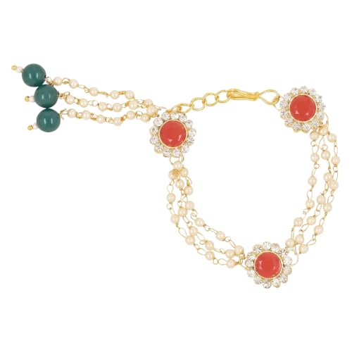 Image of I Jewels Designer Kundan & Pearl Hanging Bhaiya Bhabhi Lumba Rakhi Combo Set with Roli Chawal and Rakshabandhan Card (R014R-G-CO)