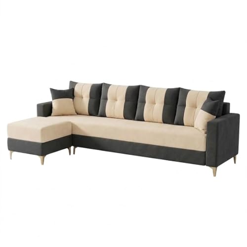 Image of Cavishq 5 Seater L Shape Sofa Set with Movable Ottoman | Flexible Layout | Luxury Velvet Suede Fabric | Modern Living Room Sofa | Dark Grey-Cream