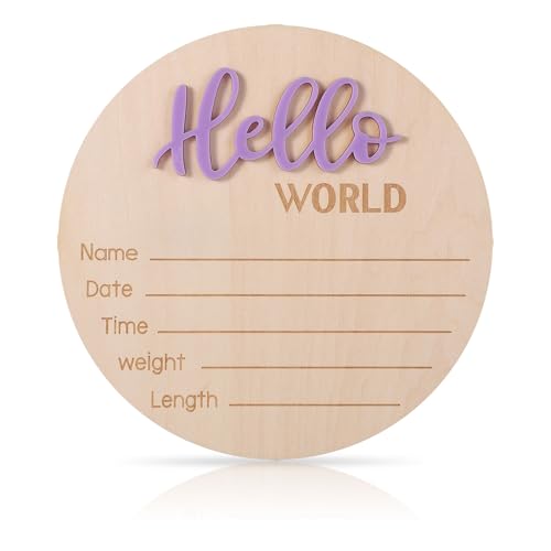 Image of Newborn Announcement Sign, 5.9in Wooden Hello World Sign Baby Welcome Sign Birth Baby Name Plaques for Newborn Boys and Girls Photo Props Baby Shower Hospital Nursery (Light Purple)