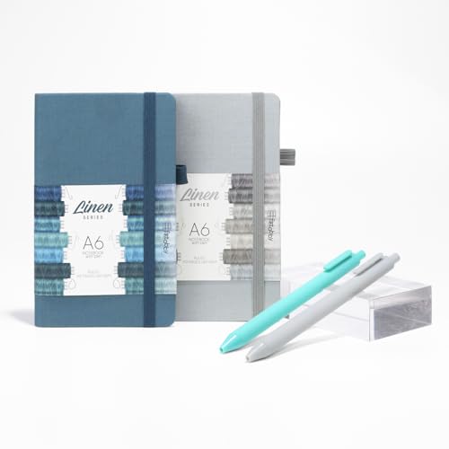 Image of Kitabby Linen Series A6 Hardbound Notebook, Pack of 2 - Peacock Blue + Grey | 192 Pages, 80gsm Natural Shade Paper, Linen Fabric Cover, Elastic Closure