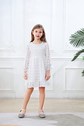 Girls Chiffon Dress Swiss Dot Solid Pom Poms Flutter Ruffle Skirt Hem Long Sleeve Lace Frocks 5-13T Girl Casual Dresses2