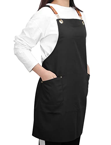YIUJEFDA Chef Aprons for Women Men Adjustable Cross Back Apron with Big Pockets Black Canvas Apron for Kitchen Cooking Pottery Painting Artist Server Waterproof Bib
