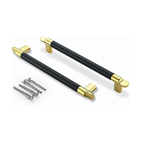 Githtra 5 Pack Cabinet Handles, 7.5 Inch Hole Center Cabinet Hardware Pulls Modern Electroplated Zinc Alloy with Black Leather Drawer Knobs for Kitchen Bar Dresser Cabinet Cover