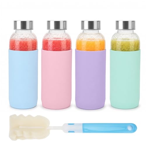 Image of Luxfuel 16 oz Glass Water Bottles 4 Pack with Lids & Silicone Sleeve | Leak Proof Glass Juice Bottles with Stainless Steel Lids for Juicing, Smoothies & Fridge Storage, Reusable, Dishwasher Safe