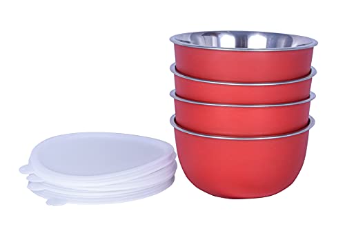 Image of Zaib Microwave Safe Stainless Steel Food Storage Bowl with Lid | Snack Serving Cooked Food Storage Container for Kitchen Capacity- 500 ML Each (4 Pcs Red 500 ML White Lid)