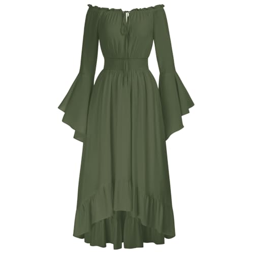 Damen Renaissance Corsagenkleid Schulterfrei mit Taschen A-Linie Rüschenkleid Olivgrün L