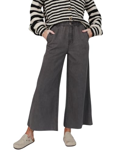 Womens Wide Leg Jeans Relaxed Frayed Bell Hems Boho Denim Pants Elastic High Waist Washed Trousers with Pockets