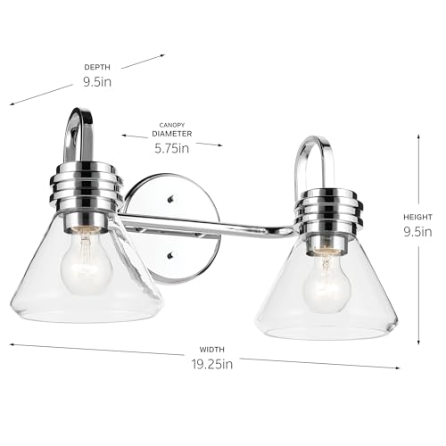 Image of Kichler Farum 19.25 inch 2-Light Bathroom Vanity Light Fixture with Clear Glass in Chrome for Mirror, Modern Wall Mount Lighting Over Vanity (19.25 inch W x 9.5 inch H), 55154CHCLR