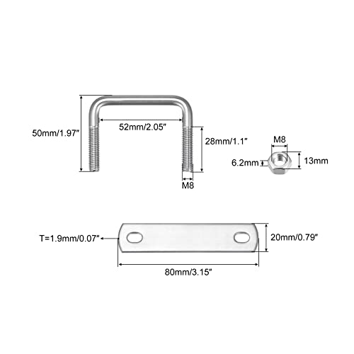 Image of uxcell Square U-Bolts, 2 Sets 52mm(2.05 inch) Inner Width 50mm Length M8 304 Stainless Steel U Clamp Bolt with Nuts and Plates, for Boat Trailer