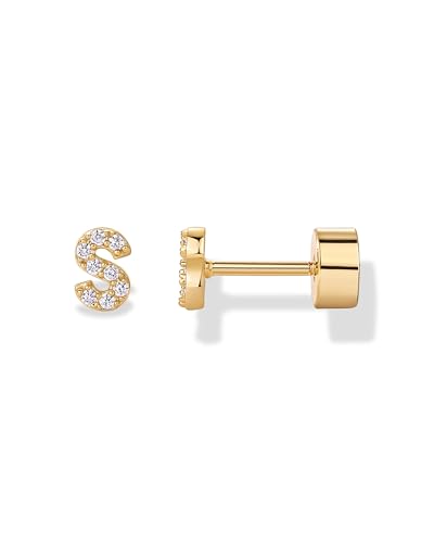 PAVOI 14K Yellow Gold Plated Initial Flat Back Earrings for Women - Cubic Zirconia Dainty Initial...