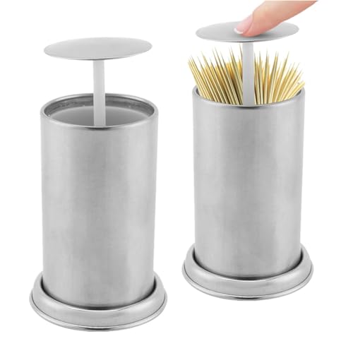 Toothpick Holder 2pcs, Stainless Steel Toothpick Holder Dispenser Automatic Click Open Toothpick Dispenser Toothpick Storage Box