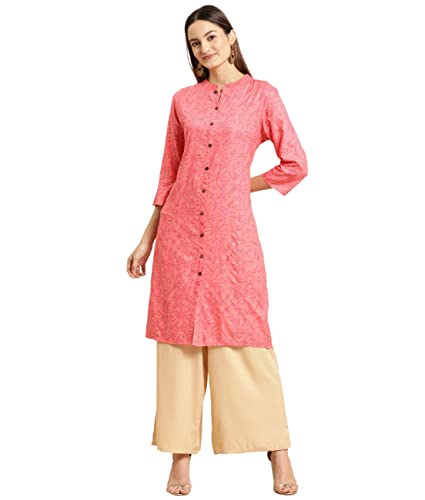 Image of rangita Peach Rayon Calf Length Embellished Straight Kurti for Women | Kurta for Women