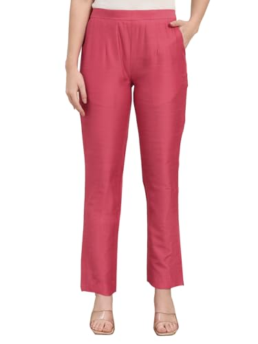 Image of Vogaan Women's Cotton Silk Pant | Half-Elasticated Waist Slim Fit Trouser for Women | Casual Pocket Pants for Office Formal Daily Use