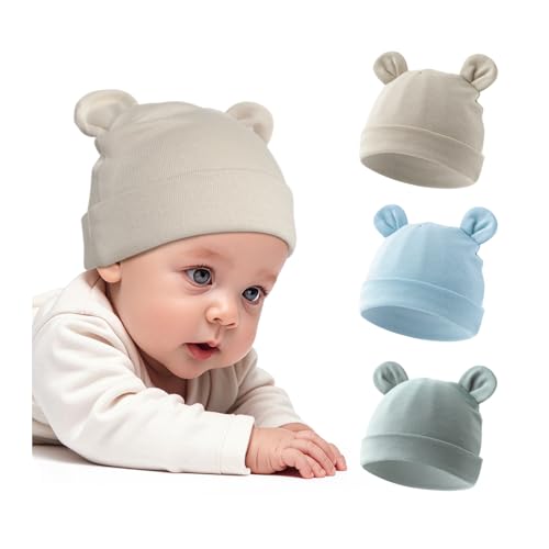 Image of ZURLEFY Cotton Newborn Hats for Unisex, Bear Ears Baby Girl Boy Beanie Hat for Newborn, Infant, Toddler Cap