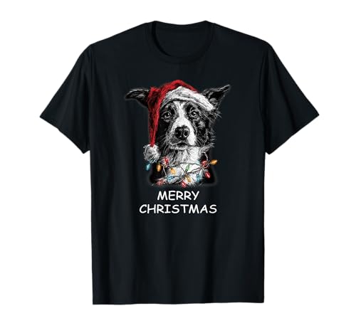Divertido Sombrero de Papá Noel para Perro Border Collie Luces de Navidad Camiseta