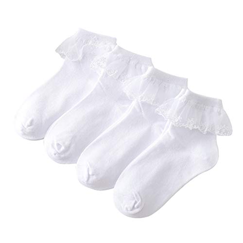 4 Pairs Toddler Baby Girls Lace Princess Socks Cotton Ruffled Solid Ankle Socks White 3-5T