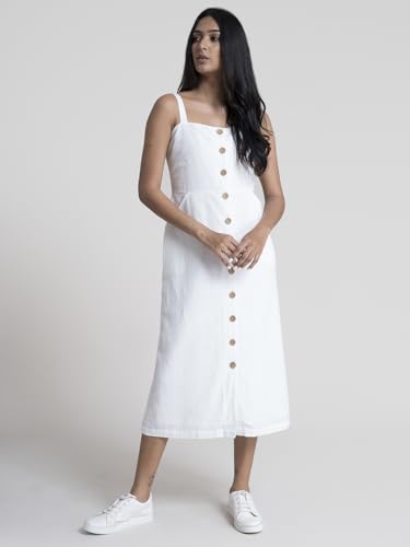 FableStreet Women Cotton White Solid Button-Down A-Line Midi Dress - Image 6