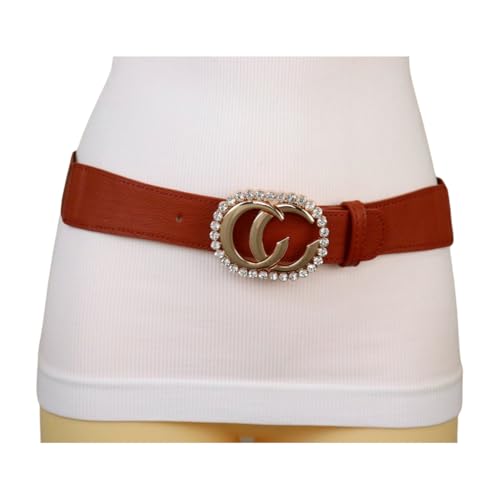 Women’s Brown Skinny Fashion Belt – Stretch Waistband with Gold CC Rhinestone Buckle – Adjustable High Waist or Hip Belt Fits S/M Waist WB34