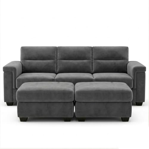 Image of FURNY Parker 3 Seater Sofa Set with 2 Ottomans | Premium Suede Velvet Fabric Finish | Durable Comfort Sofa for Modern Living Room & Office Spaces