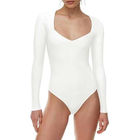 Saslax Women's Bodysuit Square Neck Long Sleeve Ribbed Knit Body Suits Sexy Slim Fit Basic Casual Trendy Outfits Tops White XL Cover