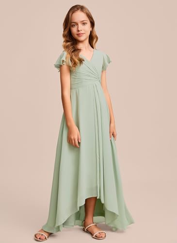 Chiffon Junior Bridesmaid Dresses with Sleeves Ruched Ruffles V Neck High Low Flower Girls Dress for Wedding3