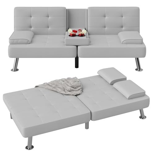 Flamaker Futon Sofa Bed Modern Faux Leather Couch, Convertible Folding Futon Couch Recliner Lounge for Living Room with 2 Cup Holders with Armrest (White) Flamaker Futon Sofa Bed Modern Faux Leather Couch, Convertible Folding Futon Couch Recliner Lounge for Living Room with 2 Cup Holders with Armrest (White)