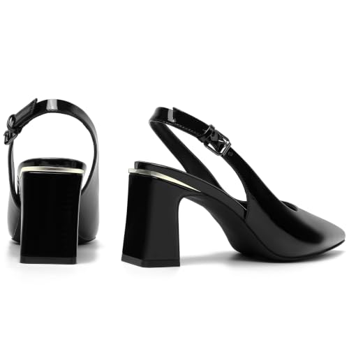 Image of Mostrin Kitten Heels for Women Pointed Toe Pumps Patent Leather Low Heel Slingback Heels with Buckle Dress Shoes for Dating Party Working