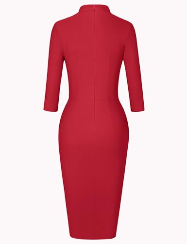 Image of MUXXN Women's Midi Pencil 1950s Vintage Cocktail 3 /4 Sleeve Tie Neck Bodycon Mid-Calf Dress with Pockets