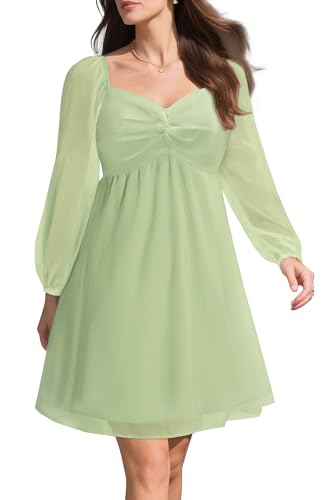 Image of Pinup Fashion Women Graduation Dress Sage Green Puff Long Sleeve Homecoming Engagement Sweetheart Neckline Short Chiffon A Line Dress, Small