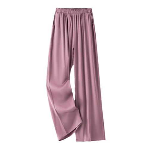 Womens Silk Elastic Satin Casual High Waist Pants Solid Summer Comfy Trousers with Pockets