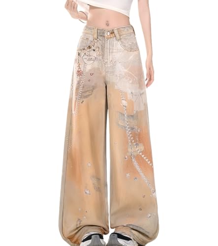 Y2k Unisex Vintage 3D Chain Lace Print Harajuku Baggy Wide Leg Jeans Hiphop Punk Streetwear Grunge Casual Denim Pants