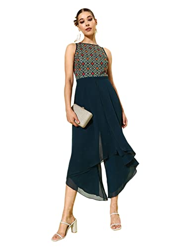 Image of Miss Chase Women's Multicolored-Base-Teal Round Neck Sleeveless Embroidered Regular Jumpsuit