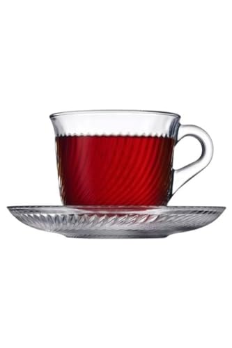 Pasabahce Glass Tea Cups and Saucers Set, 12 PCs Glass Mugs with Saucers for Coffee, Herbal Tea, Hot Beverages, 5.7 oz Capacity
