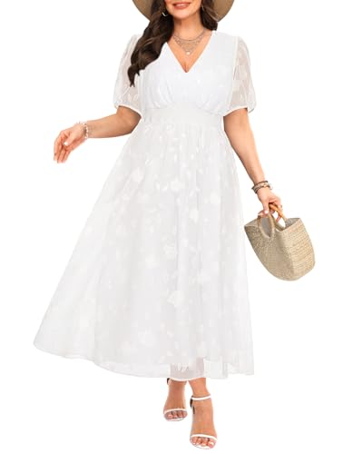 Image of Pinup Fashion Plus Size Wedding Guest Chiffon Semi Formal Maxi Dress | Chiffon, V-neckline, short sleeves, shirred waist, textured floral pattern, maxi length, versatile for all seasons