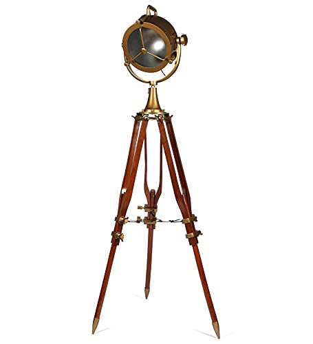 Image of Wooden Tripod Spot Light Floor Lamp with Wooden Spot Light Head for Livingroom, Bedroom, Drawingroom, Reading Lamp, Spotlight (Antique)