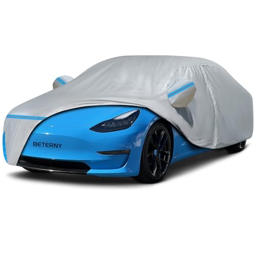 Image of Car Cover for 2017-2025 Tesla Model 3, Waterproof Custom-fit All Weather Sun Rain UV Dust Snow Protection Windproof Outdoor Model 3 Full Car Cover with Door Zipper and Cotton Lining-Grey