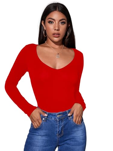 Image of Aahwan Women Cotton Blend Solid V-Neck Full Sleeves Fitted Tee Top
