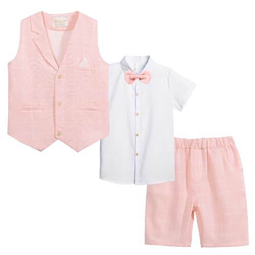 Image of Summer Boys Suit Dress Clothes Kids Wedding Ring Bearer Outfit 4Pcs Shirt Vest Shorts Set