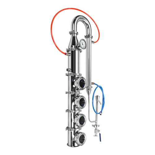 AGULIUM 4-Layer 4in Plate Stainless Moonshine Still Flute Column, Stainless Steel Alcohol Distiller Flute Reflux Column Still with Sight Glasses, Home Brewing Wine Making Kit for Whisky Brandy