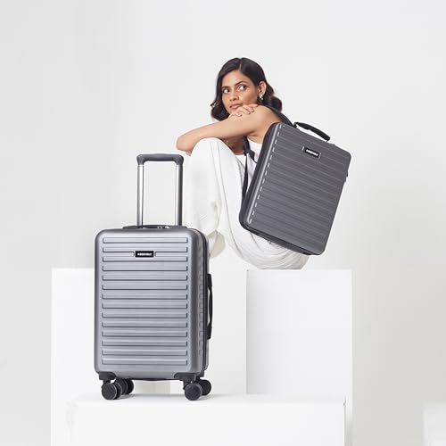 Image of Assembly Cabin Suitcase Small & Hard Shell Laptop Bag with Flat-Lay Opening, 8 Spinner Wheels, Premium Polycarbonate Hard Shell Carry On Luggage Combo for Business Travel, Grey