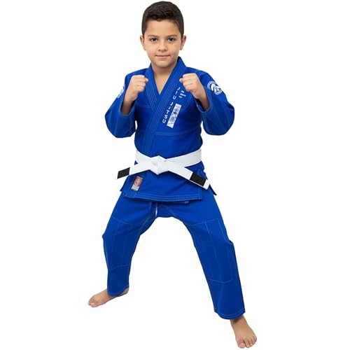 Kimono JIU JITSU INFANTIL, nas cores, preto, azul, branco e rosa, brim reforçado, acompanha faixa branca com tarja preta (AZUL, 12 anos entre 1,41m a 1,50m)