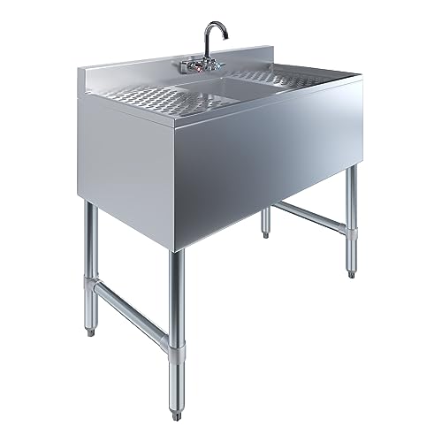 Image of 36 in. x 19 in. Stainless Steel Underbar Sink with Two Drainboards and Splash-Mounted Faucet | One Compartment Commercial Sink