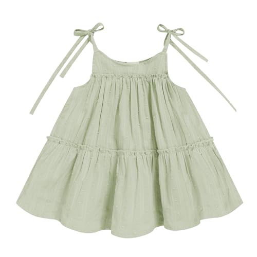Toddler Baby Girl Summer Dress - Sleeveless Dot Tiered Sundress with Adjustable Tie-Shoulders for Beach Party Photos Green