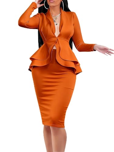 Women 2 Piece Skirt Suit Set Business Casual Outfits Blazer Pencil Skirts Dress for Work Office Church Brown L