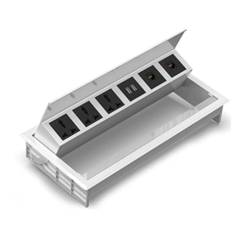 Image of MX Premium Power Console 16A Pop-Up Table Socket with 3 AC Universal Outlets, 2 USB-A Charging Ports & 2 Cat-6 Ethernet Ports, Desk Clamp Power Strip with Master Switch, White, Ideal for Office