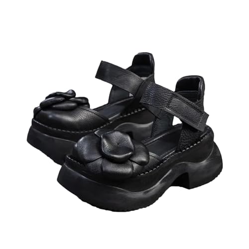 Women's Genuine Leather Flats - 7cm Mary Jane Hook Summer Platform Wedge Comfy